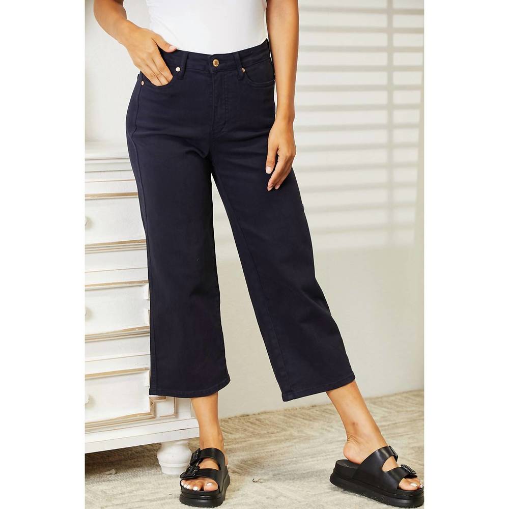NEW JUDY BLUE high waist tummy control wide crop leg jeans in navy